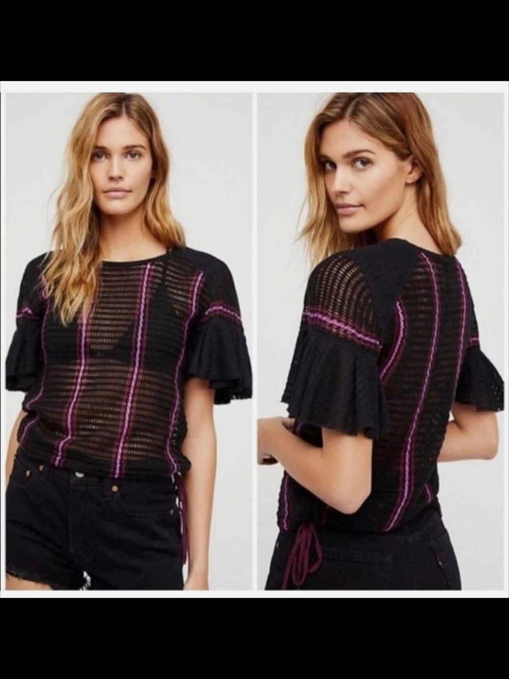 Free People Black Crochet Top with Pink And Burgundy Stripe Details